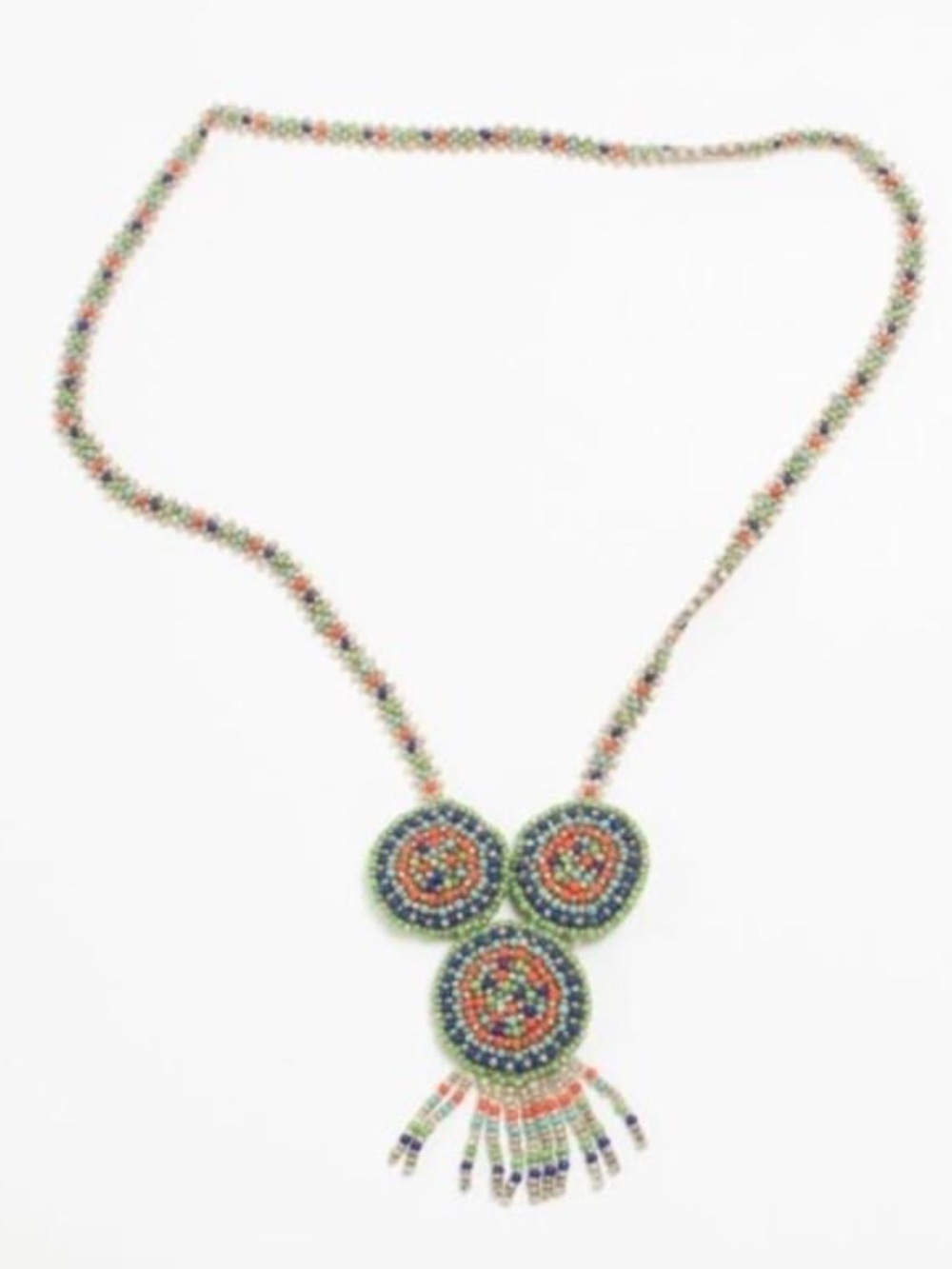 Native American Beaded Necklace 3 beaded medallions / Hide Backing/Fringe141/2